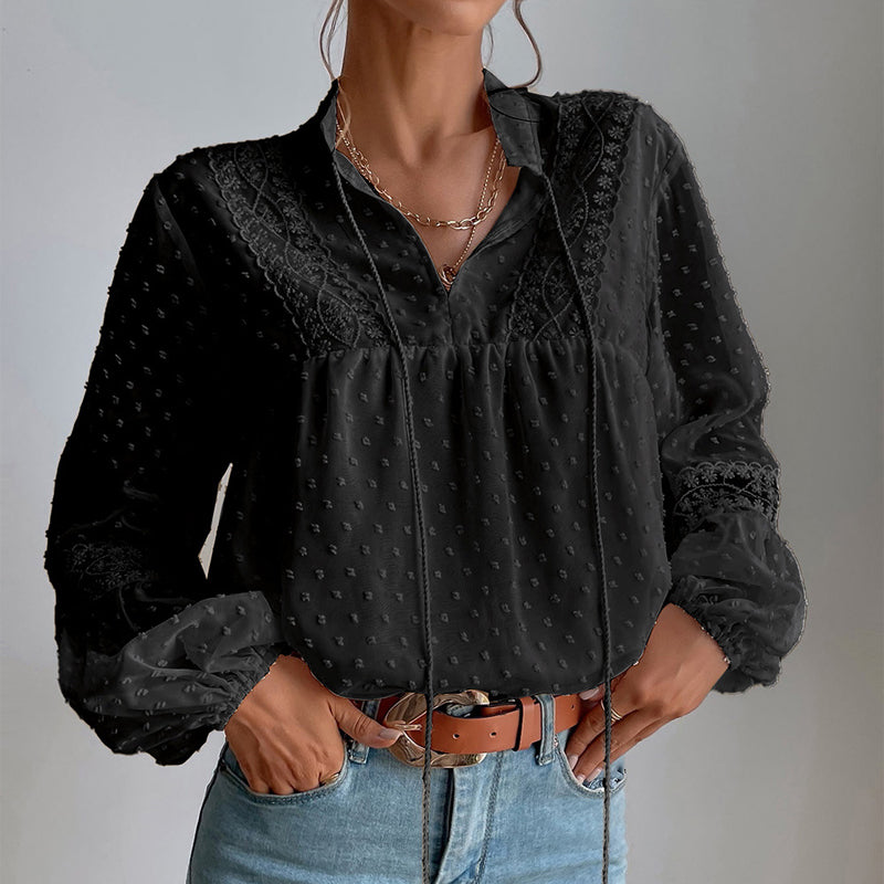 Polka Dot Chiffon Lace Panel Loose Blouse