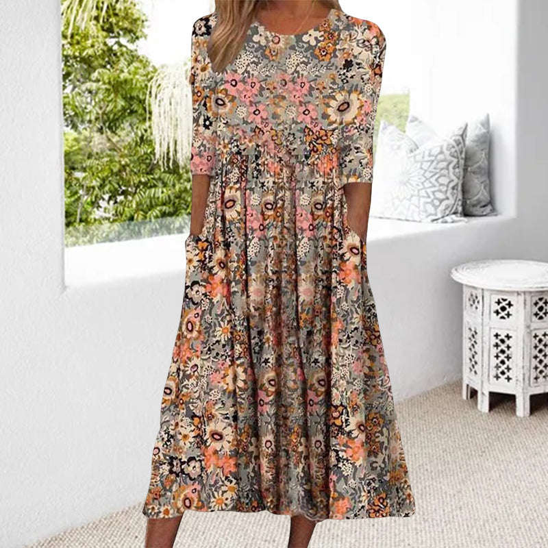 Printed Crew Neck Pocket Dress