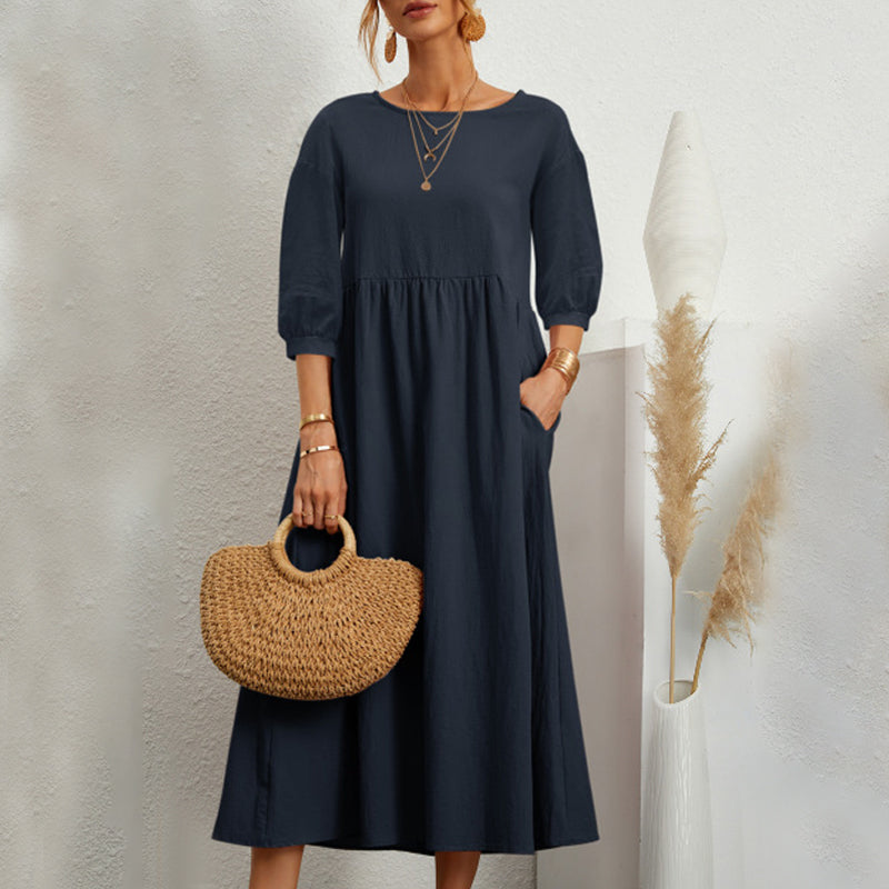 Solid Color Lantern Sleeve Loose Cotton Linen Dress