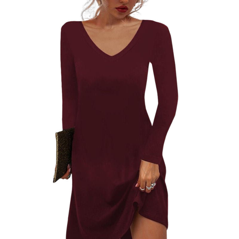 Solid Color Casual Deep V Dress