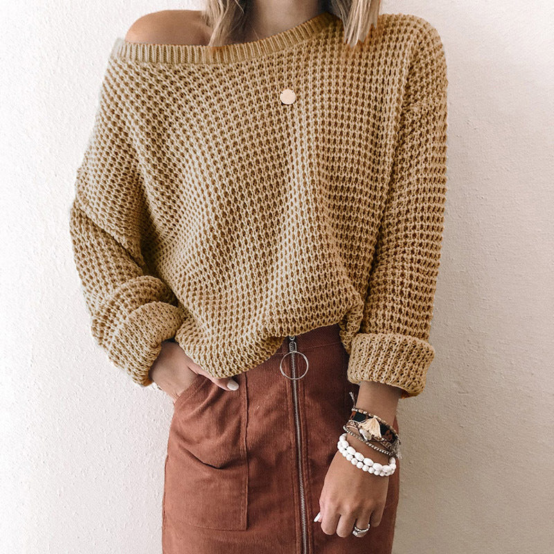 Ladies Solid Color Loose Diagonal Collar Long Sleeve Sweater