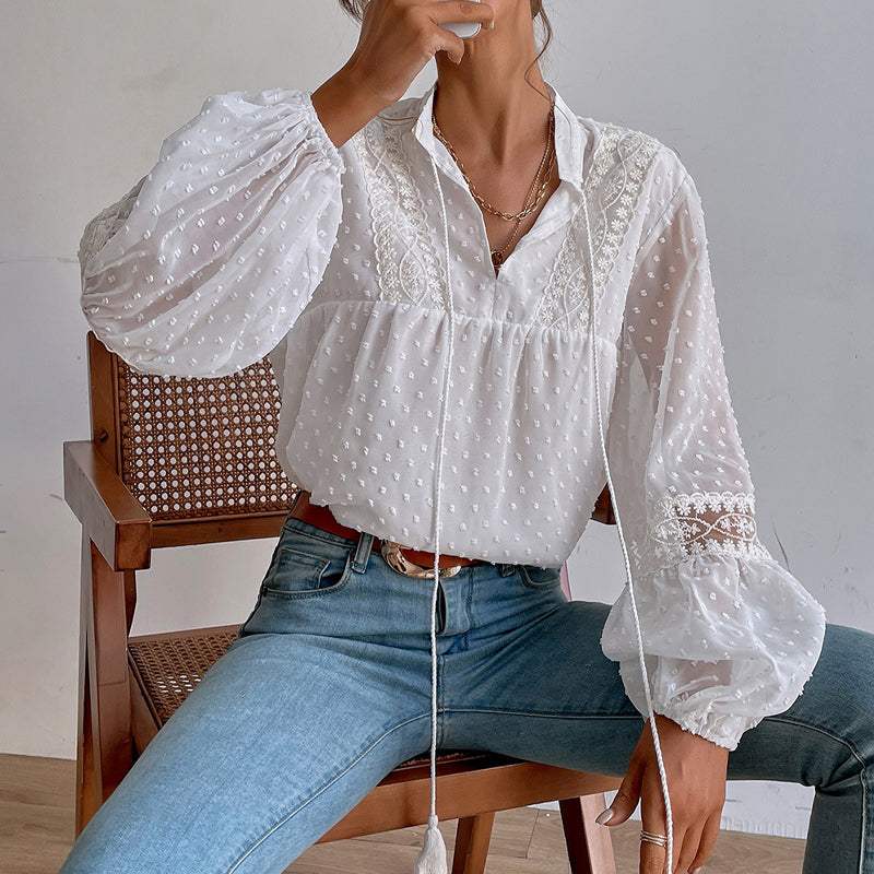 Polka Dot Chiffon Lace Panel Loose Blouse