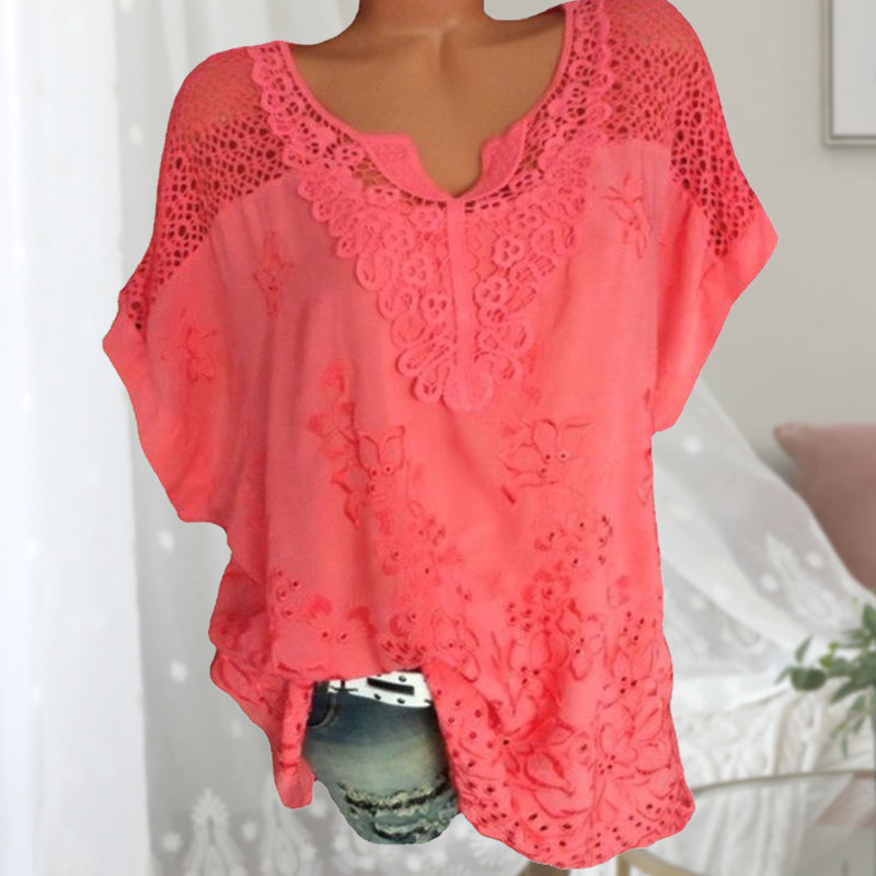 Embroidered Batwing Short Sleeve Shirt