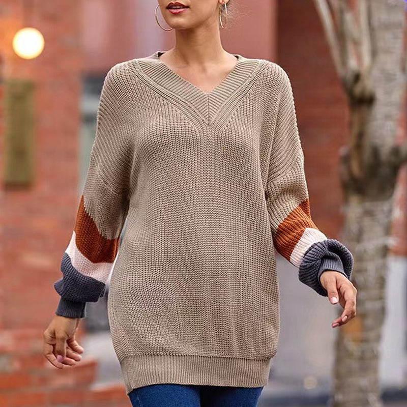 V-Neck Balloon Sleeve Striped Colorblock Knit Sweater