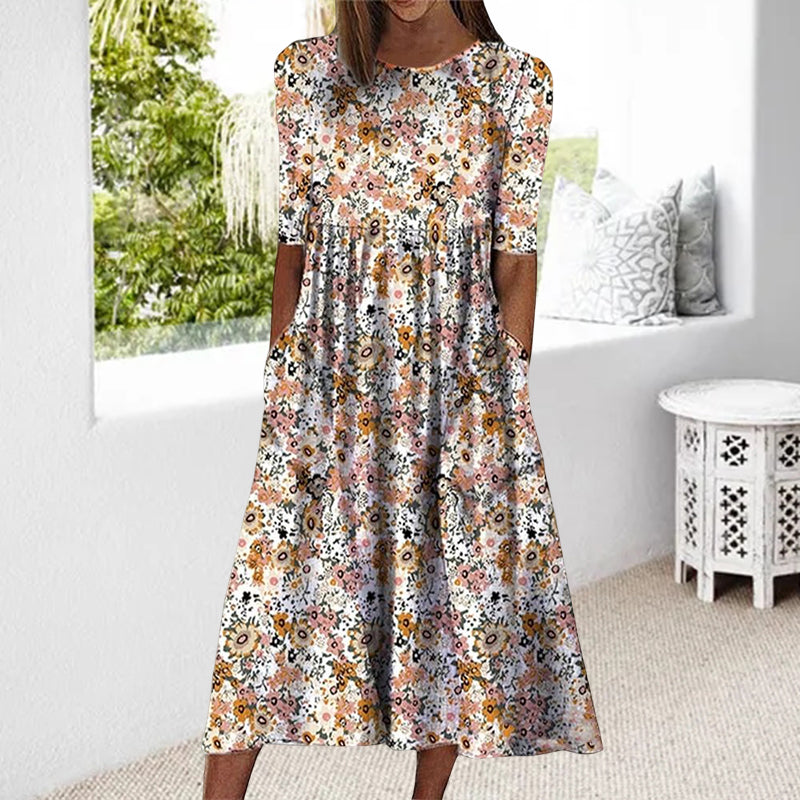Printed Crew Neck Pocket Dress