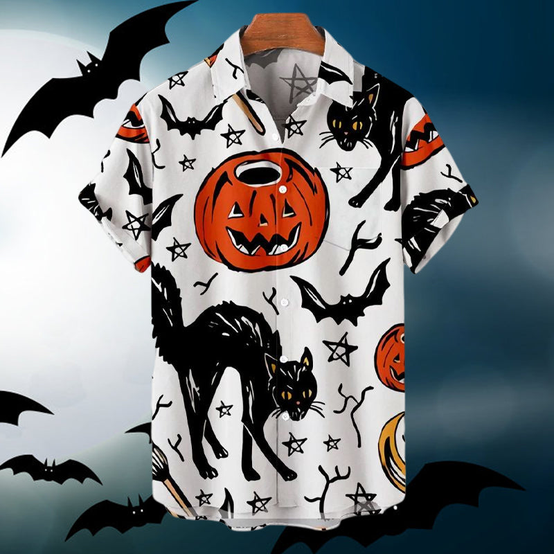 Men's Casual Halloween Cat Pentagram Print Shirt