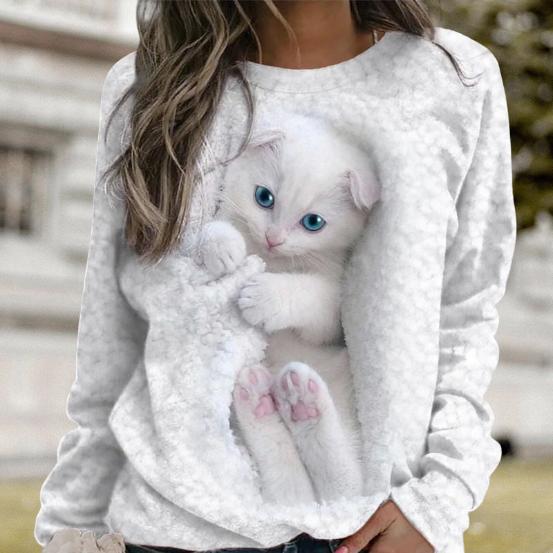 Round Neck Cat Print Sweatshirt