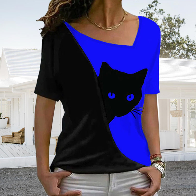 Diagonal Neck Black Cat T-Shirt