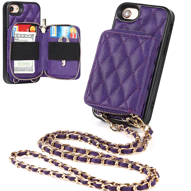 iPhone Phone Case Quilted Leather Wallet Case Card Holder with Crossbody Strap