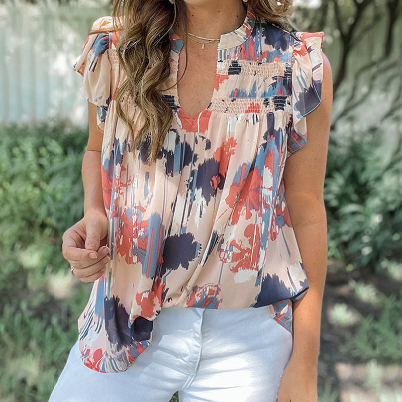 Printed Ruffle Trim V-Neck Chiffon Shirt