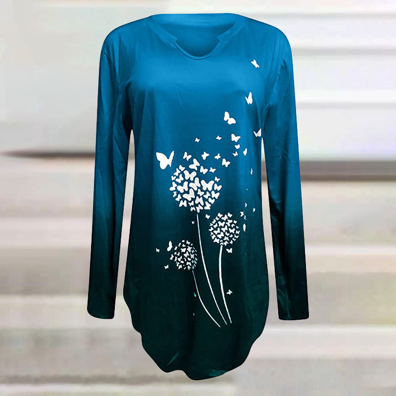 Gradient-print Ruffled Hem Long-sleeved T-shirt