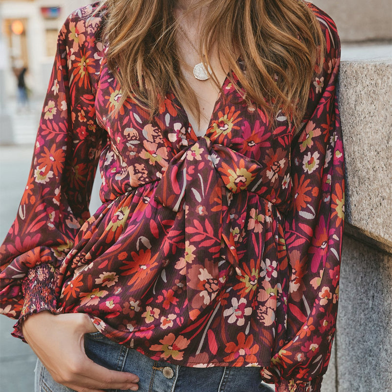Printed Bow Tie High Waist Long Sleeve Top