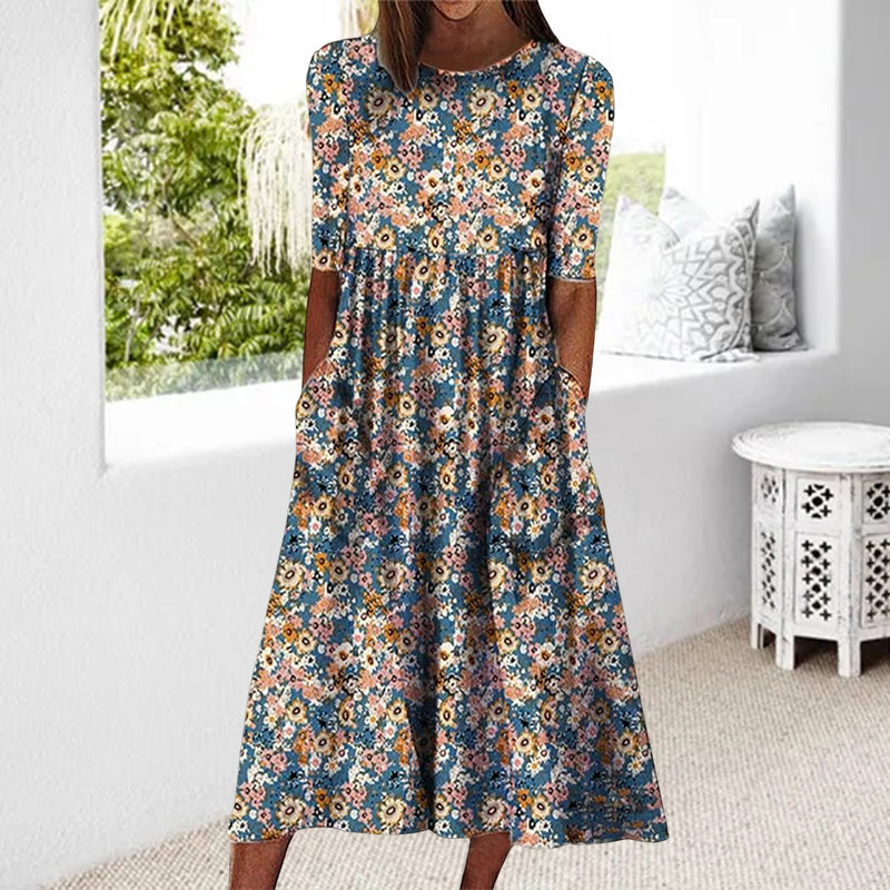 Printed Crew Neck Pocket Dress
