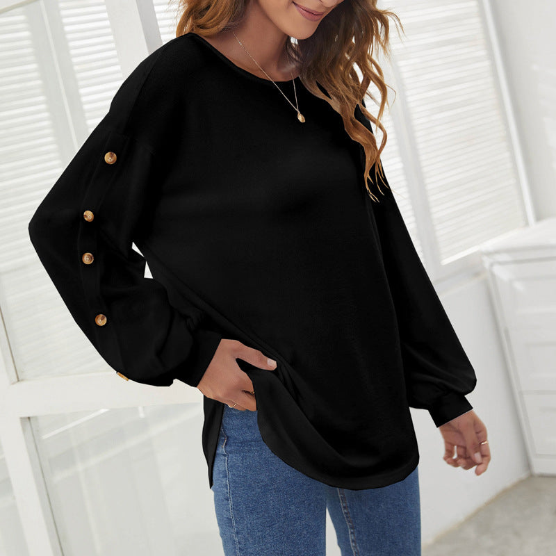 Round Collar Loose Leisure Lantern Buckle T-shirt