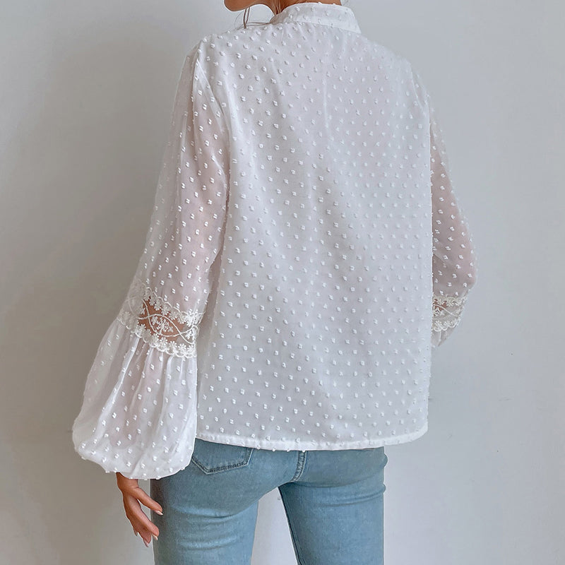 Polka Dot Chiffon Lace Panel Loose Blouse