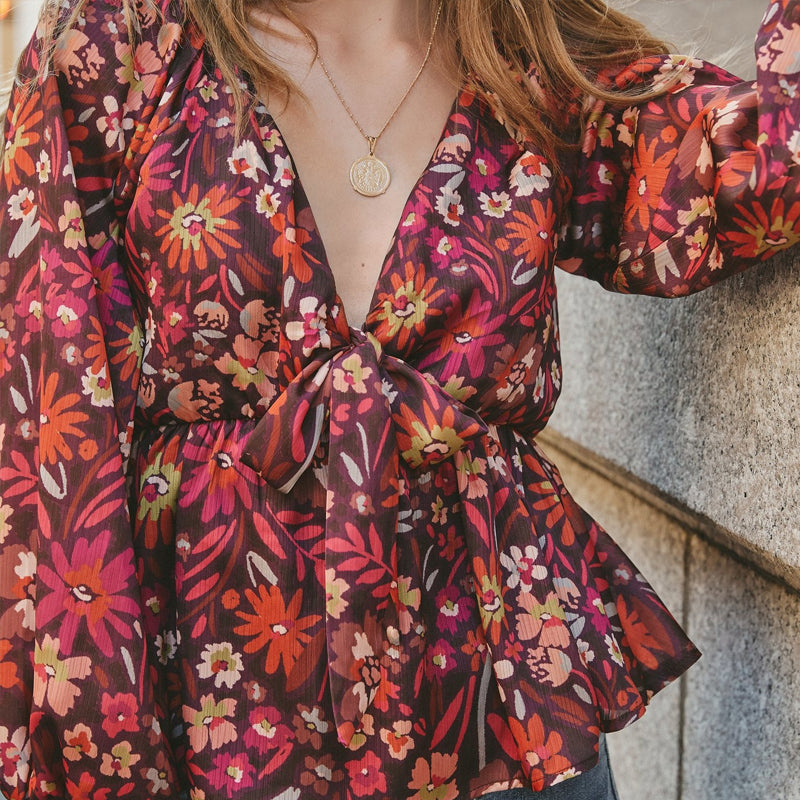 Printed Bow Tie High Waist Long Sleeve Top