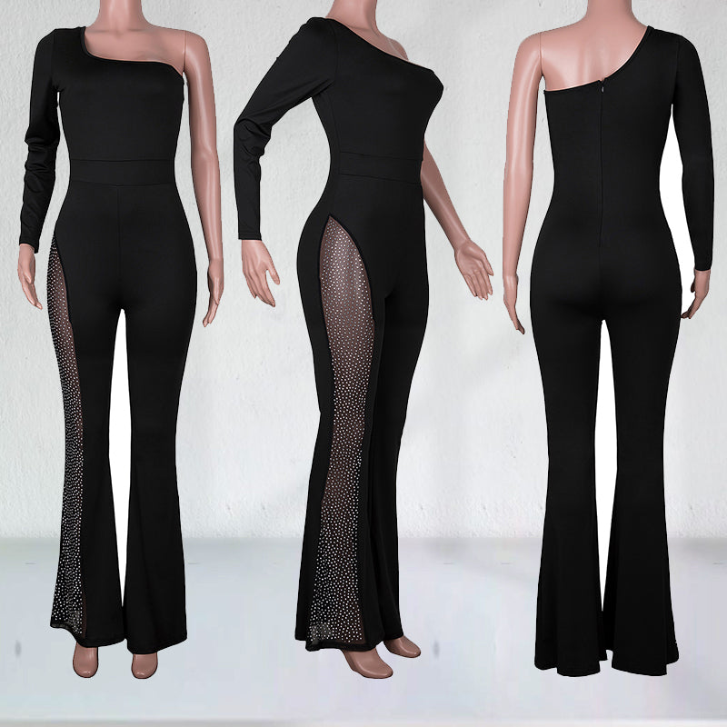 One Shoulder Sequined Mesh Paneled Party Jumpsuit