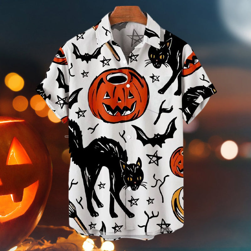 Men's Casual Halloween Cat Pentagram Print Shirt
