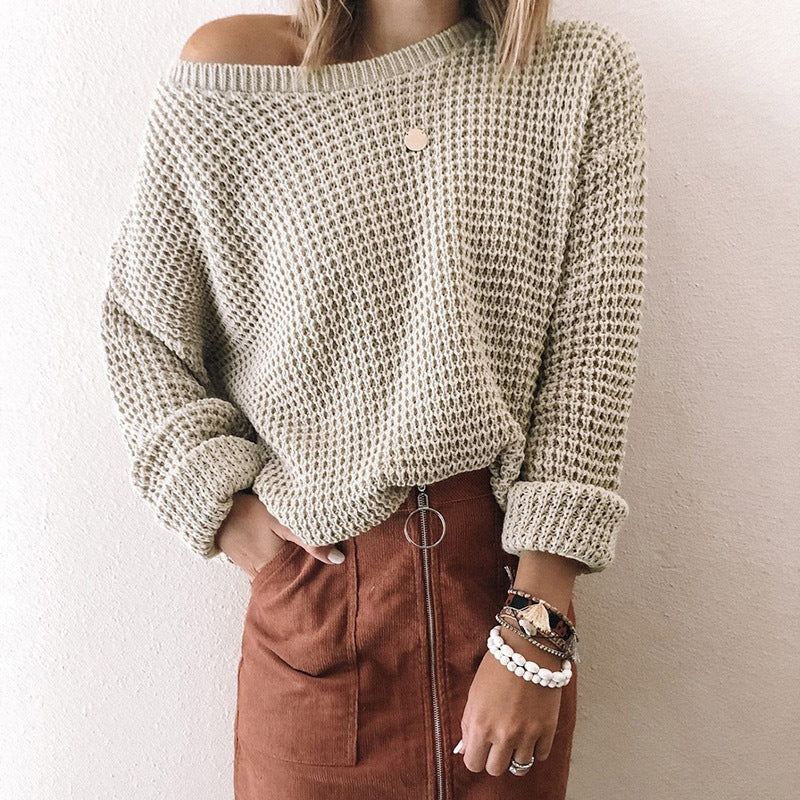 Ladies Solid Color Loose Diagonal Collar Long Sleeve Sweater