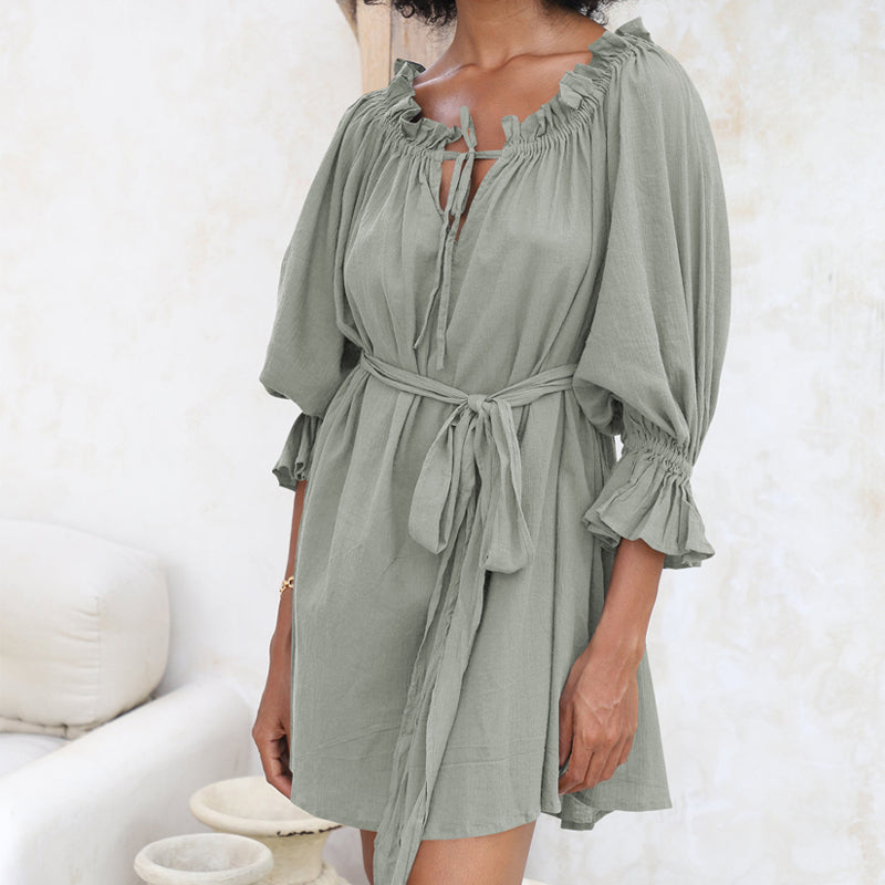 Offset Neck Tether Sexy Ruffle Dress