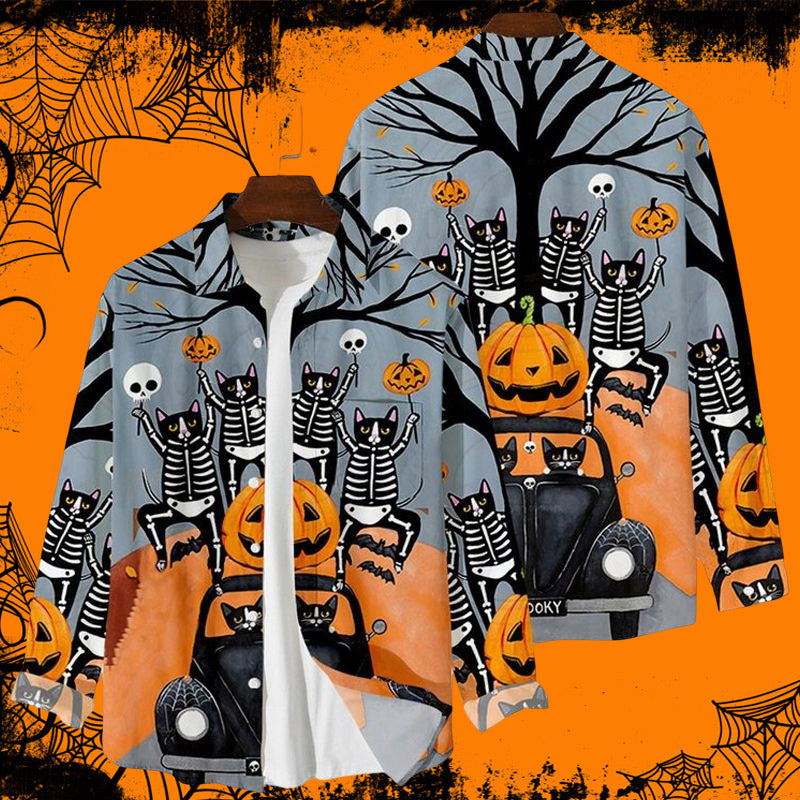 Halloween Skull Pumpkin Print Casual Loose Shirt