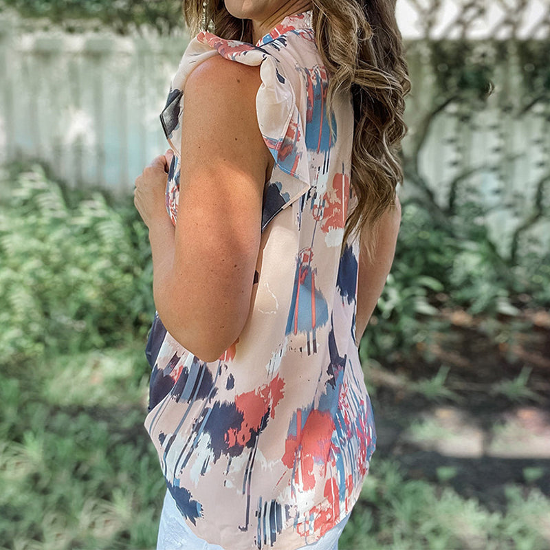 Printed Ruffle Trim V-Neck Chiffon Shirt