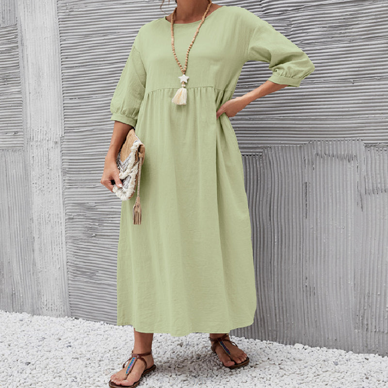 Solid Color Lantern Sleeve Loose Cotton Linen Dress