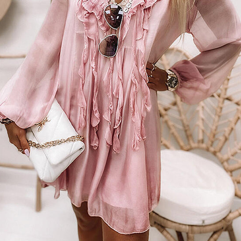 V-Neck Solid Chiffon Mini Dress