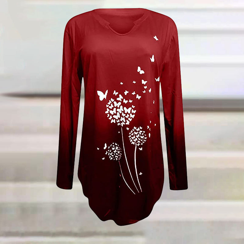 Gradient-print Ruffled Hem Long-sleeved T-shirt