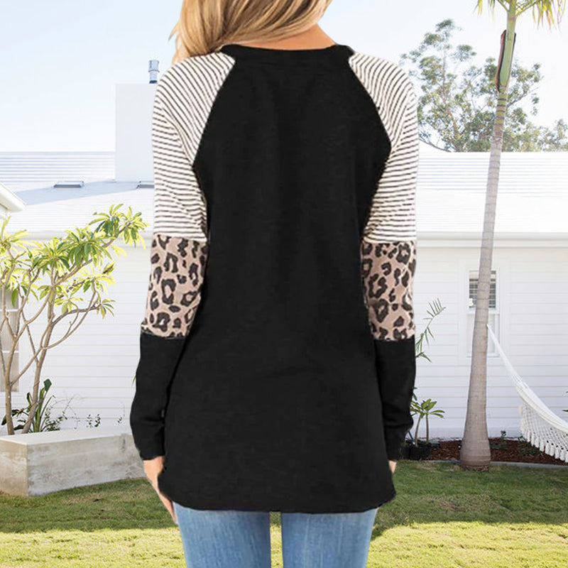 Leopard Patchwork Stitching Round Neck Long Sleeve Blouse