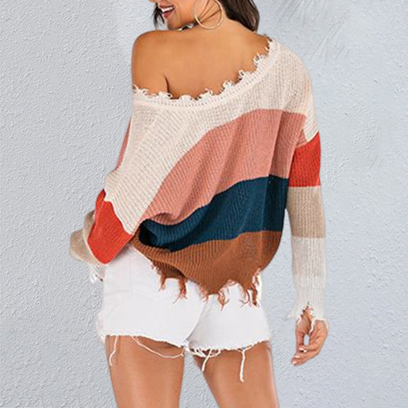 V-neck Irregular Frayed Cropped Sweater