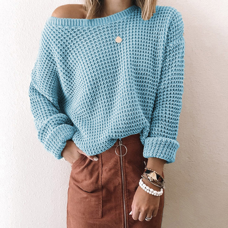 Ladies Solid Color Loose Diagonal Collar Long Sleeve Sweater