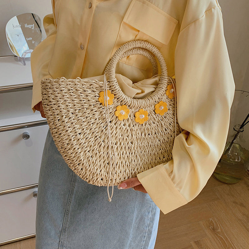 Flower Decor Large Capacity Shell Straw Bag