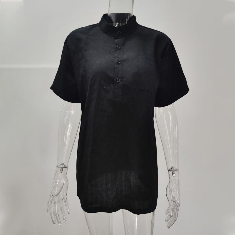 Men's Linen Cotton Shirt Black Stand Collar T-Shirt