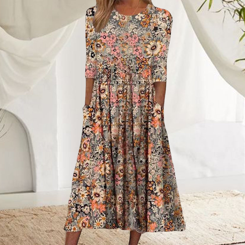 Printed Crew Neck Pocket Dress