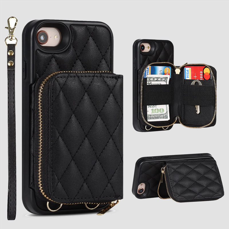 iPhone Phone Case Quilted Leather Wallet Case Card Holder with Crossbody Strap