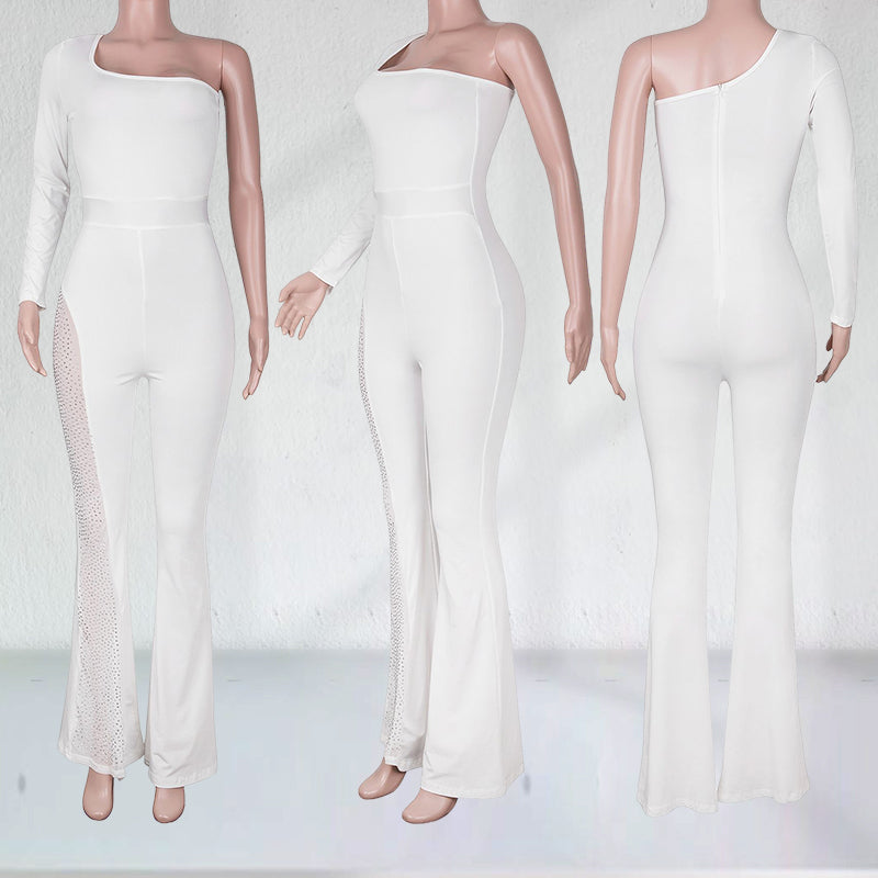 One Shoulder Sequined Mesh Paneled Party Jumpsuit