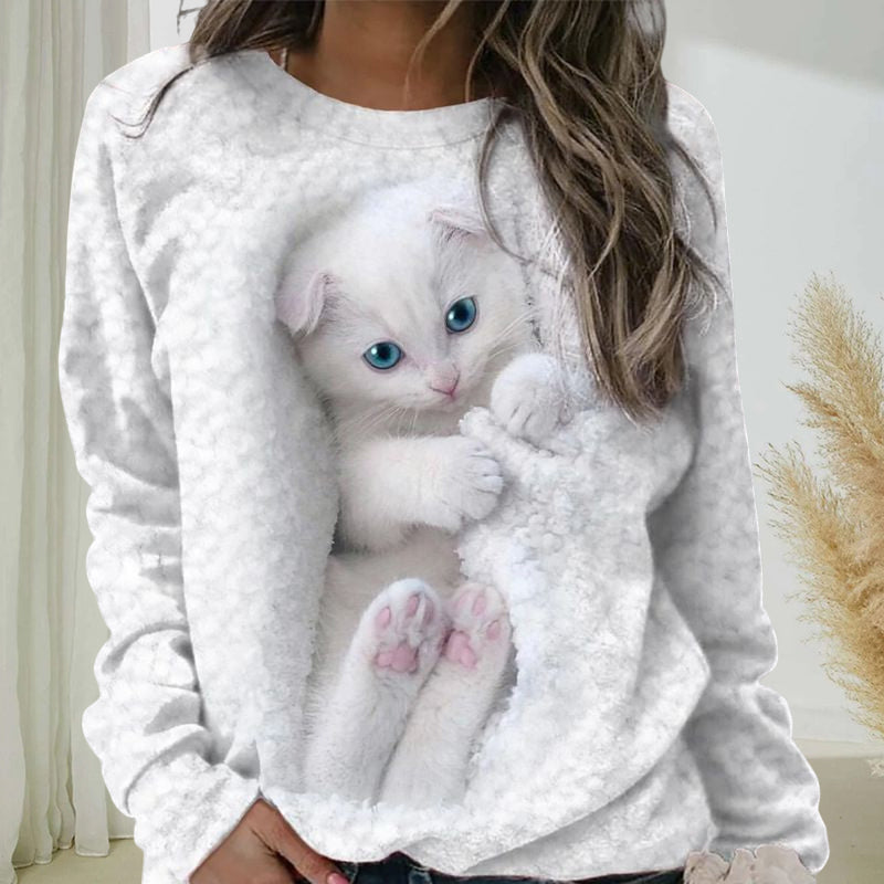 Round Neck Cat Print Sweatshirt