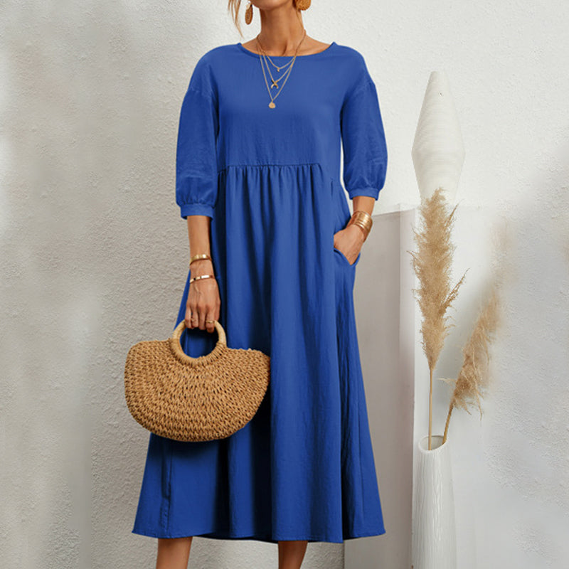 Solid Color Lantern Sleeve Loose Cotton Linen Dress