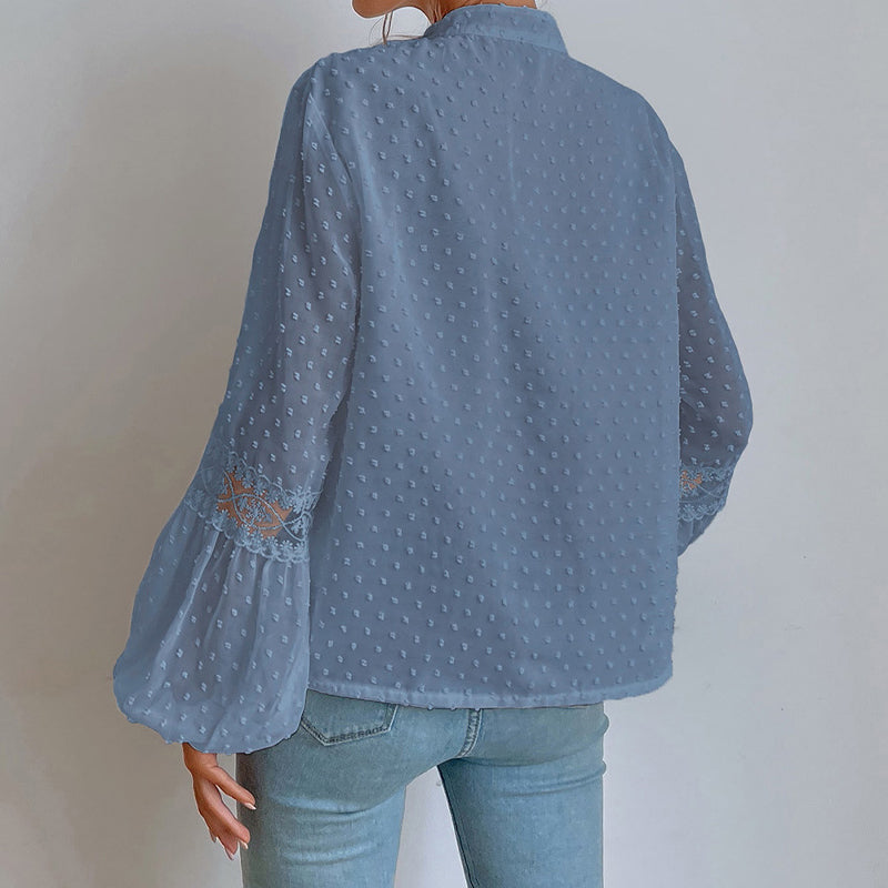 Polka Dot Chiffon Lace Panel Loose Blouse