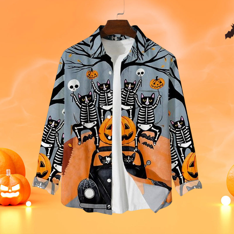 Halloween Skull Pumpkin Print Casual Loose Shirt