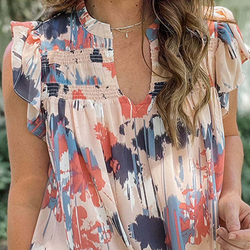 Printed Ruffle Trim V-Neck Chiffon Shirt