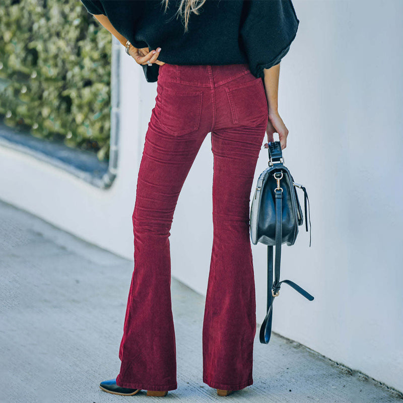 Women Corduroy Flare Pants Elastic Waist Bell Bottom Trousers