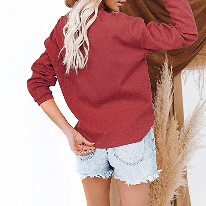 V-neck Solid Color Long-sleeved Top T-shirt