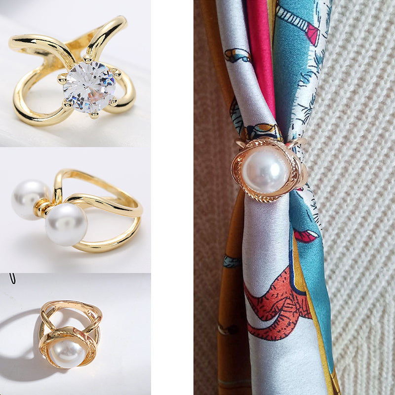 Women's Elegant Pearl Floral Scarf Ring Clip