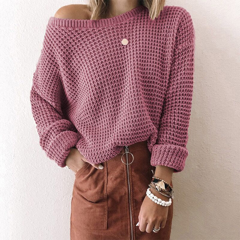 Ladies Solid Color Loose Diagonal Collar Long Sleeve Sweater