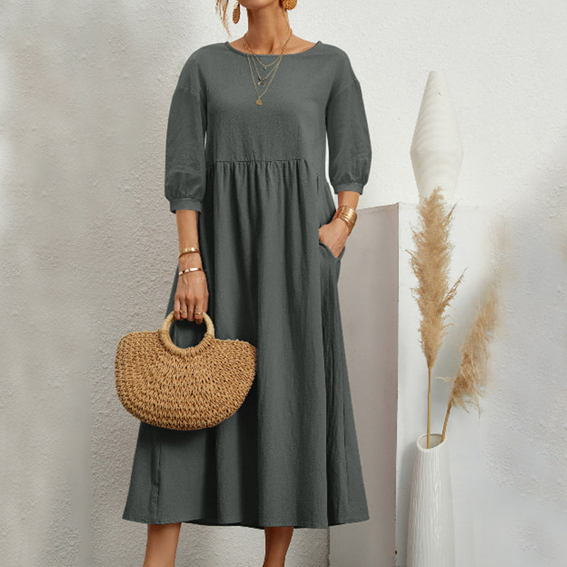 Solid Color Lantern Sleeve Loose Cotton Linen Dress