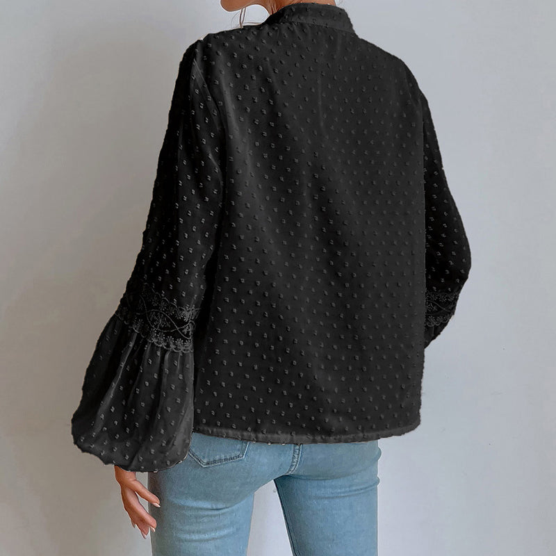 Polka Dot Chiffon Lace Panel Loose Blouse