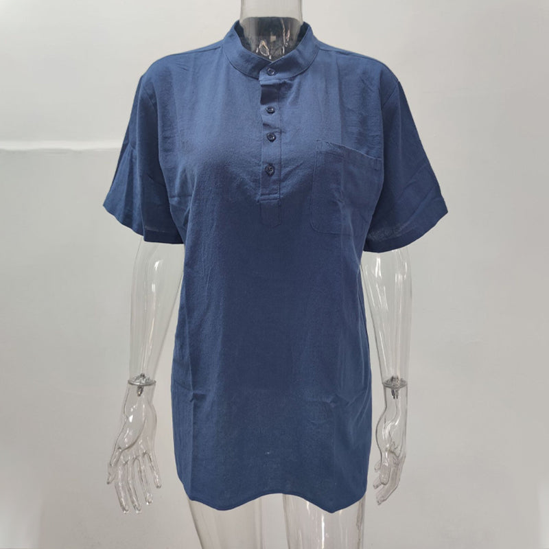 Men's Linen Cotton Shirt Black Stand Collar T-Shirt