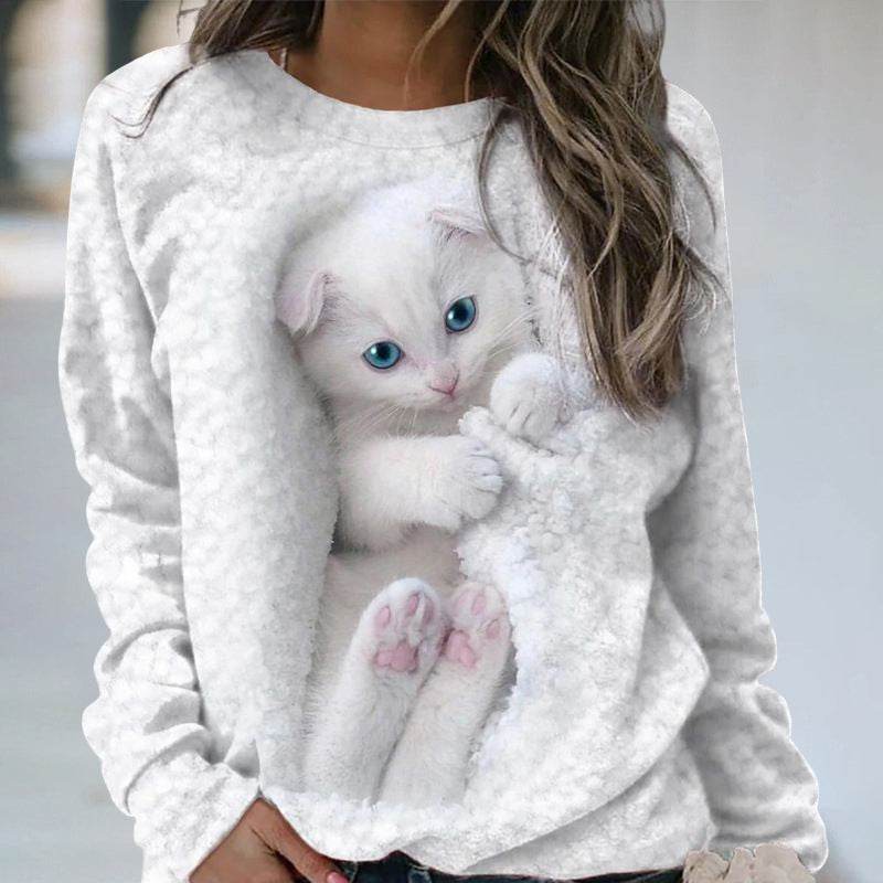 Round Neck Cat Print Sweatshirt